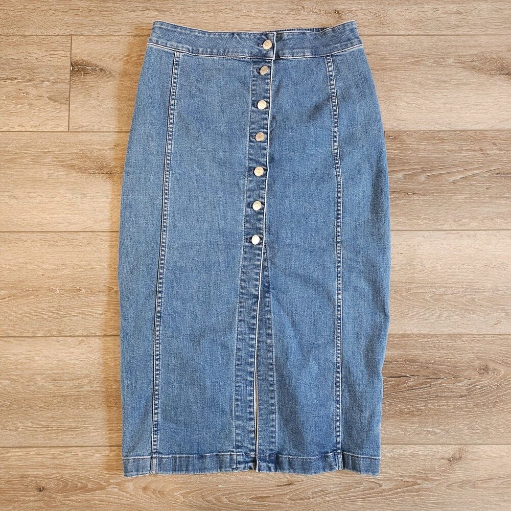 Madewell Button Down Women’s Skirt Pencil Size 28 / 6 Blue Denim Stretch Midi